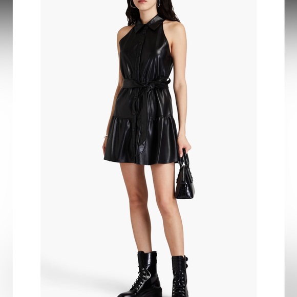 Black Faux Leather Dress with Belt - Picture 2 of 4